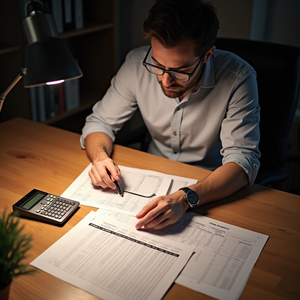 Osoba plánuje domáci rozpočet pri stole s papiermi a kalkulačkou
